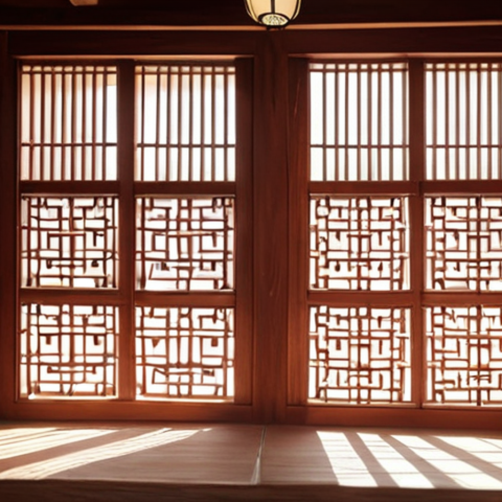 A traditional Korean Hanok wall made of Hwangto (red clay), showcasing its natural texture and breathable qualities, with soft sunlight filtering through a Changhoji (traditional paper) window, casting gentle shadows.