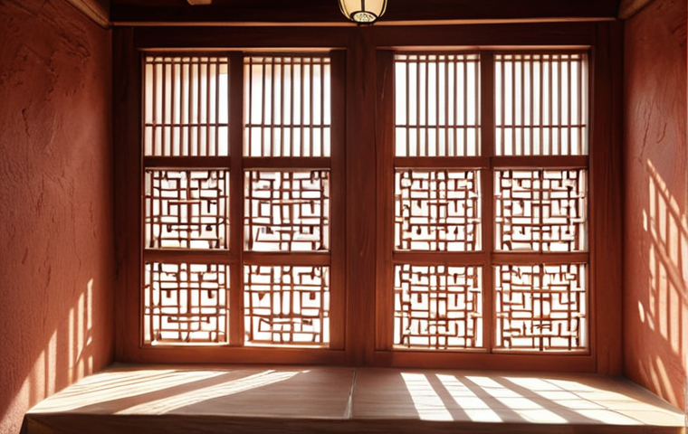 A traditional Korean Hanok wall made of Hwangto (red clay), showcasing its natural texture and breathable qualities, with soft sunlight filtering through a Changhoji (traditional paper) window, casting gentle shadows.