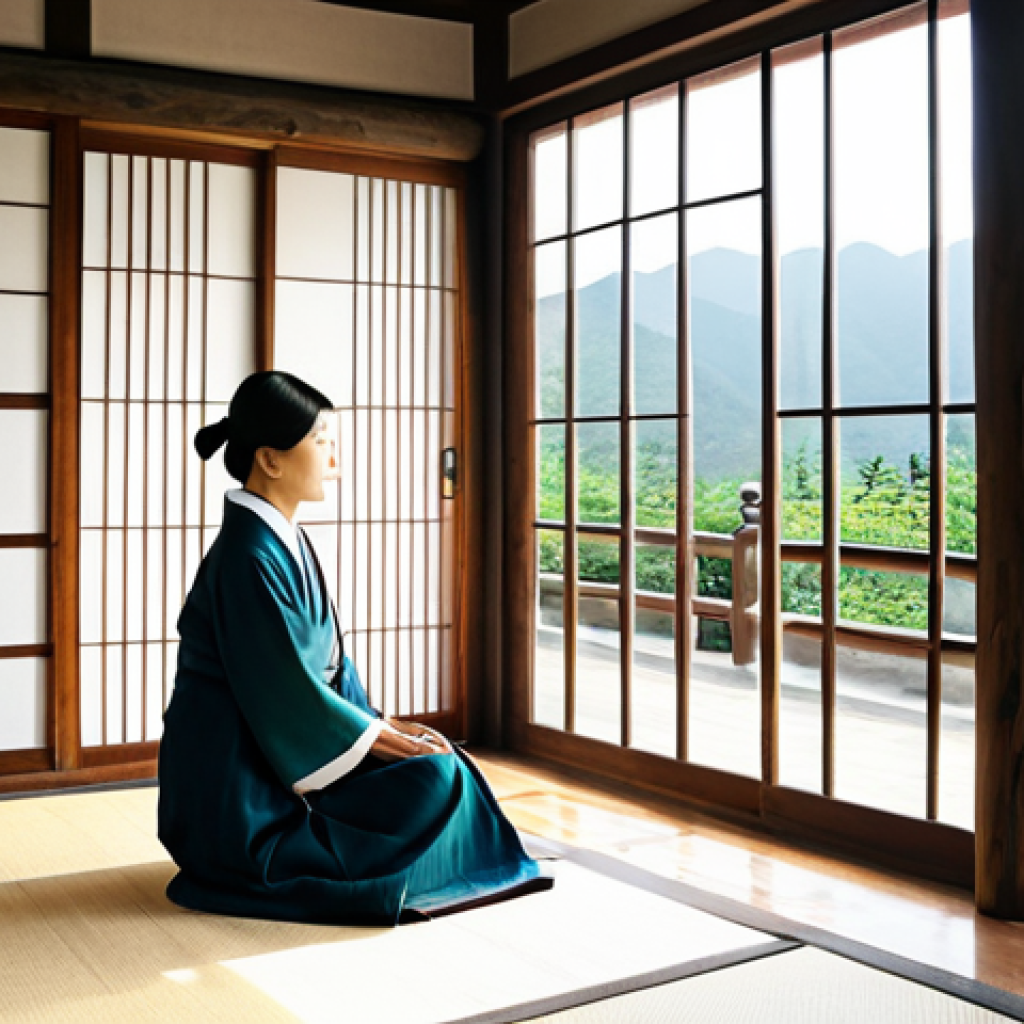 A professional adult woman, fully clothed in modest, modern traditional Korean attire, is sitting peacefully on the wooden daecheong maru (main hall) of a traditional Hanok house. Soft, warm sunlight filters gently through the translucent hanji windows, illuminating the natural wooden pillars and earth walls. Outside the window, a serene traditional Korean garden with lush greenery and a glimpse of distant mountains is visible. The scene evokes a sense of deep tranquility and harmony with nature. perfect anatomy, correct proportions, natural pose, well-formed hands, proper finger count, natural body proportions, professional photography, high quality, safe for work, appropriate content, fully clothed, modest, family-friendly.