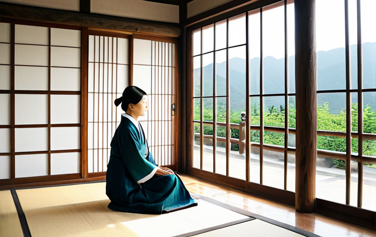 A professional adult woman, fully clothed in modest, modern traditional Korean attire, is sitting peacefully on the wooden daecheong maru (main hall) of a traditional Hanok house. Soft, warm sunlight filters gently through the translucent hanji windows, illuminating the natural wooden pillars and earth walls. Outside the window, a serene traditional Korean garden with lush greenery and a glimpse of distant mountains is visible. The scene evokes a sense of deep tranquility and harmony with nature. perfect anatomy, correct proportions, natural pose, well-formed hands, proper finger count, natural body proportions, professional photography, high quality, safe for work, appropriate content, fully clothed, modest, family-friendly.