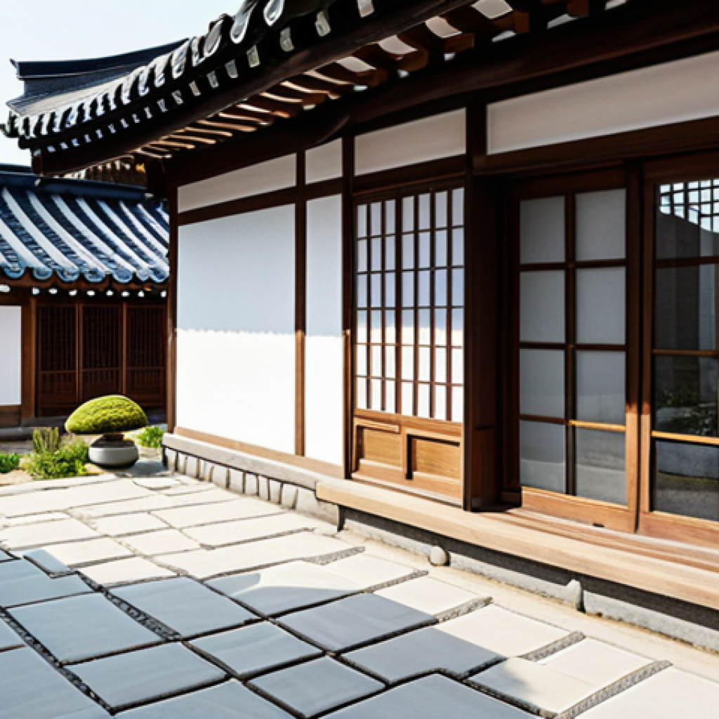 **

A modest, modern lightweight Hanok (Korean traditional house) with a gabled roof and large windows, surrounded by a small garden with traditional landscaping. The house features a small, cozy attic visible through a window. Daytime, natural lighting. Safe for work, appropriate content, fully clothed, professional architecture photography, perfect anatomy, correct proportions, natural pose, high quality.

**