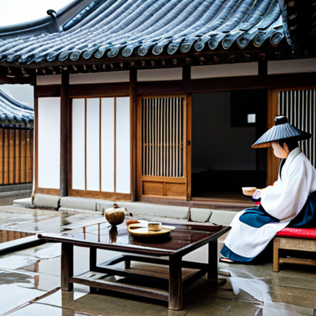 **

"A tranquil scene of a traditional Korean Hanok house with a courtyard. Gentle rain falls, creating soft reflections on the stone tiles. A woman in modest, traditional Korean clothing sits on the porch, sipping tea and listening to the rain. The scene should evoke peace and serenity. fully clothed, safe for work, appropriate content, family-friendly, perfect anatomy, correct proportions, natural pose, professional photography, high quality."

**