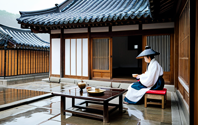 **
"A tranquil scene of a traditional Korean Hanok house with a courtyard. Gentle rain falls, creating soft reflections on the stone tiles. A woman in modest, traditional Korean clothing sits on the porch, sipping tea and listening to the rain. The scene should evoke peace and serenity. fully clothed, safe for work, appropriate content, family-friendly, perfect anatomy, correct proportions, natural pose, professional photography, high quality."
**