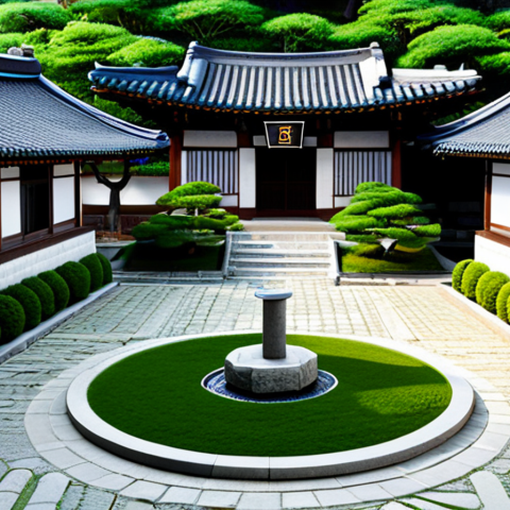 **
A hanok courtyard reimagined with a modern, space-saving rotary parking system, integrated seamlessly with traditional Korean architectural elements. Stone pathways lead to the entrance. Lush greenery surrounds the area, enhancing the natural aesthetic. Safe for work, appropriate content, fully clothed. Professional, perfect anatomy, correct proportions, high-resolution, family-friendly.
**