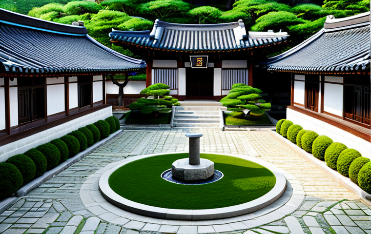**
A hanok courtyard reimagined with a modern, space-saving rotary parking system, integrated seamlessly with traditional Korean architectural elements. Stone pathways lead to the entrance. Lush greenery surrounds the area, enhancing the natural aesthetic. Safe for work, appropriate content, fully clothed. Professional, perfect anatomy, correct proportions, high-resolution, family-friendly.
**