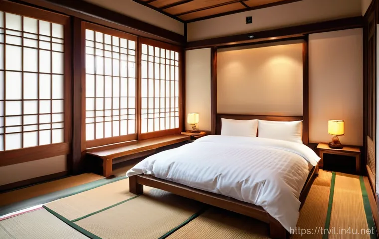 한옥 침실 - A tranquil and luxurious Hanok (traditional Korean house) bedroom, beautifully blending ancient eleg...