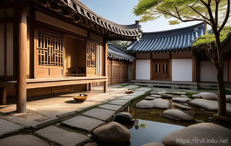 한옥의 장점 - **Prompt:** An exquisite exterior view of a modernly reinterpreted Hanok, showcasing its graceful tr...