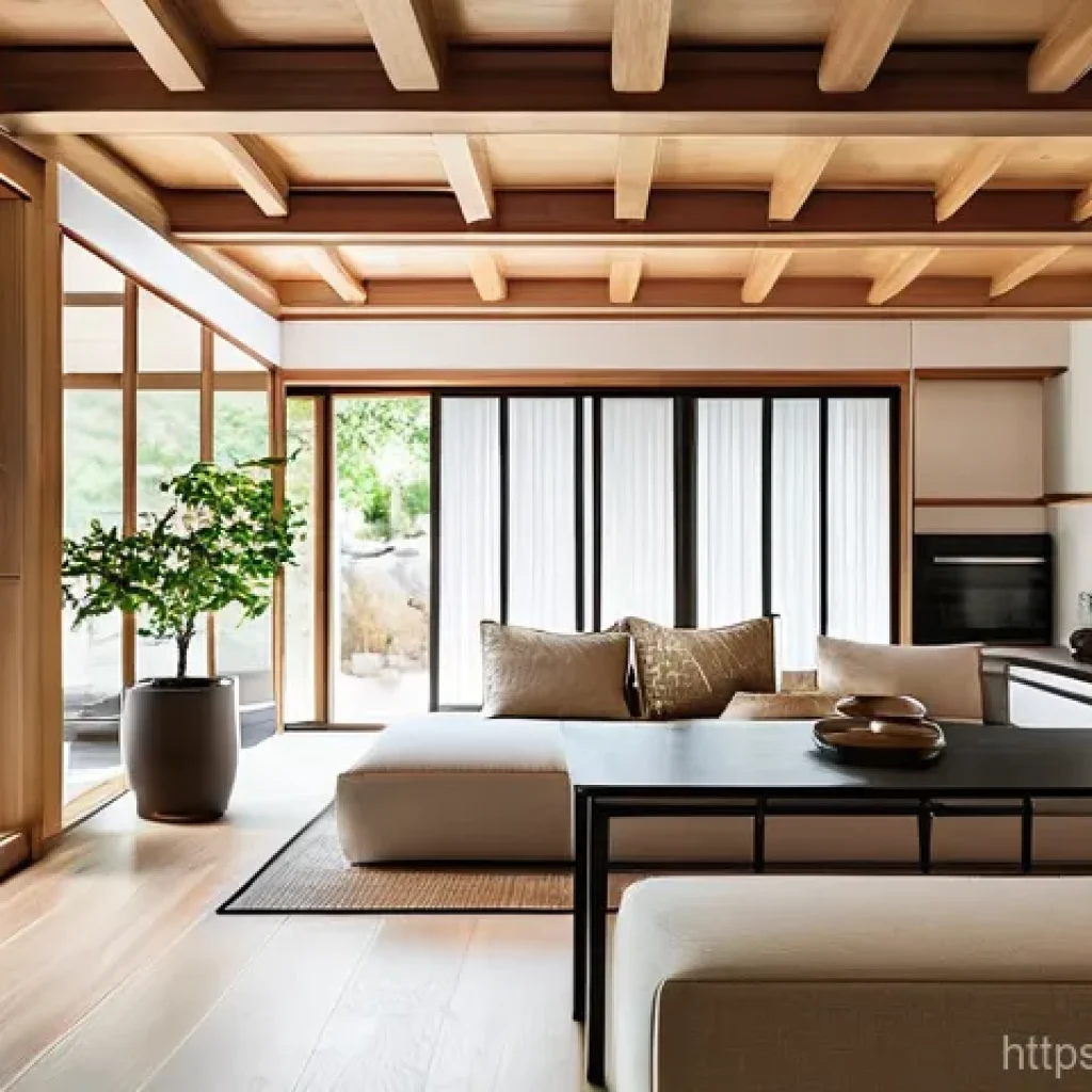 전통주택의 실용적 측면 - **Prompt:** A serene and functional open-plan living space in a modern "hanok" (traditional Korean h...