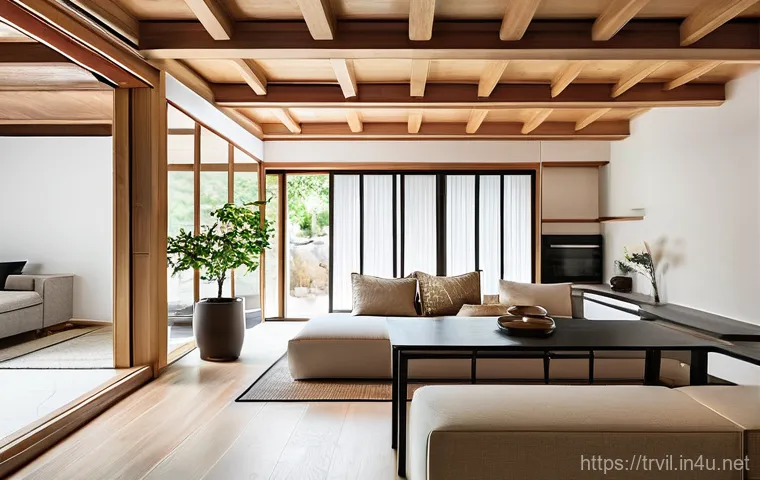 전통주택의 실용적 측면 - **Prompt:** A serene and functional open-plan living space in a modern "hanok" (traditional Korean h...