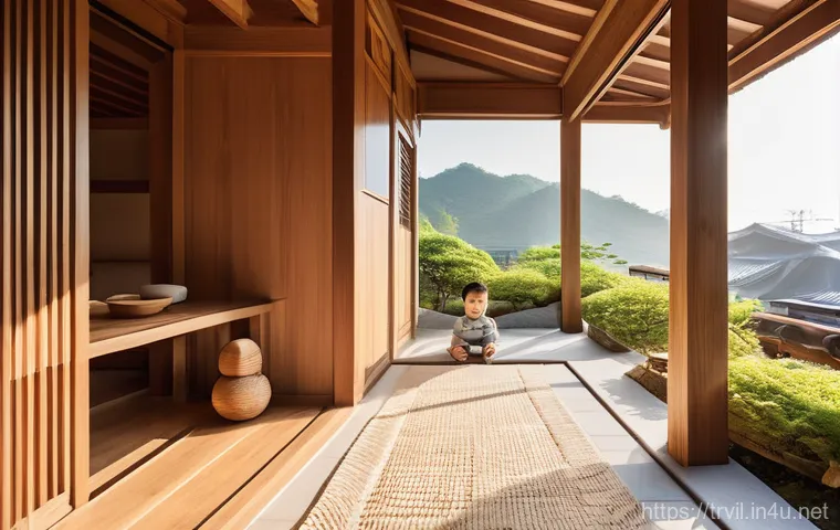 전통주택의 실용적 측면 - **Prompt:** A serene and functional open-plan living space in a modern "hanok" (traditional Korean h...