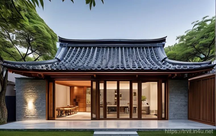 전통주택의 실용적 측면 - **Prompt:** A sun-drenched, eco-friendly traditional "hanok" courtyard, highlighting its connection ...