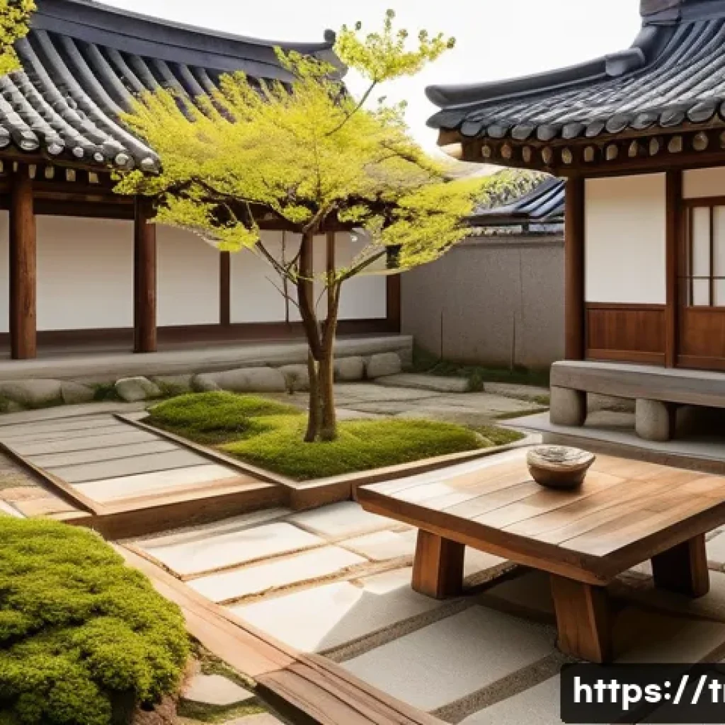 전통주택의 부대시설 - A serene traditional Korean courtyard in spring, featuring a spacious maru (wooden deck) surrounded ...