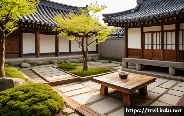 전통주택의 부대시설 - A serene traditional Korean courtyard in spring, featuring a spacious maru (wooden deck) surrounded ...