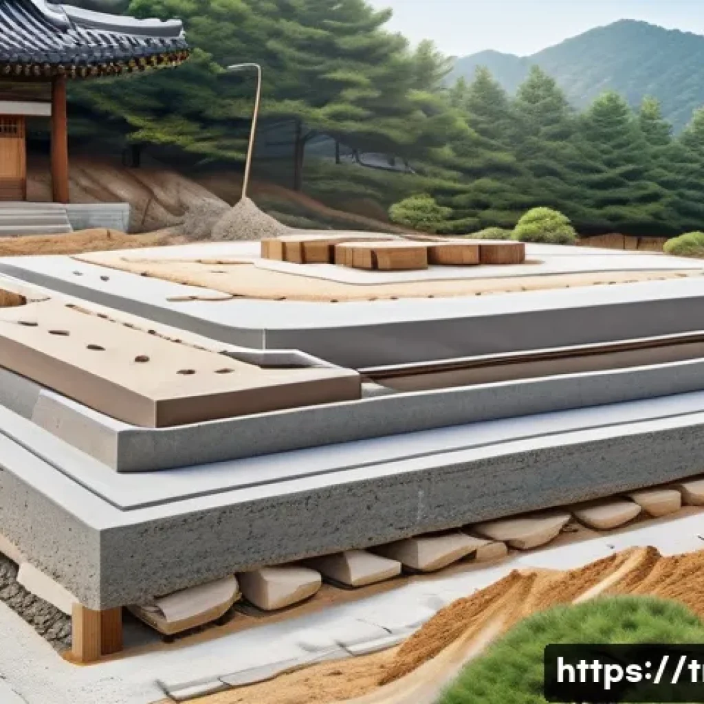 한옥 기초공사 체크리스트 - A detailed cross-sectional illustration of a traditional Korean hanok foundation construction site, ...