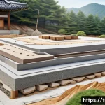 Home 22 한옥 기초공사 체크리스트 - A detailed cross-sectional illustration of a traditional Korean hanok foundation construction site, ...