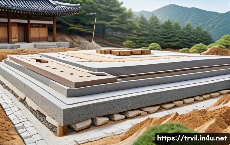 한옥 기초공사 체크리스트 - A detailed cross-sectional illustration of a traditional Korean hanok foundation construction site, ...