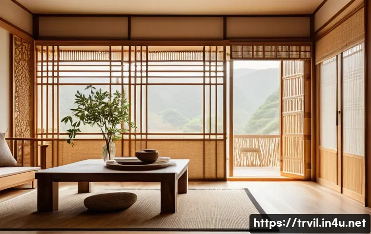전통주택의 벽지와 타일 - A cozy traditional Korean interior featuring natural wallpaper made from hanji (traditional Korean p...