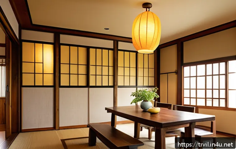 전통주택의 개조와 리모델링 - A cozy traditional Korean house interior blending natural wood beams and earth-toned walls with mode...