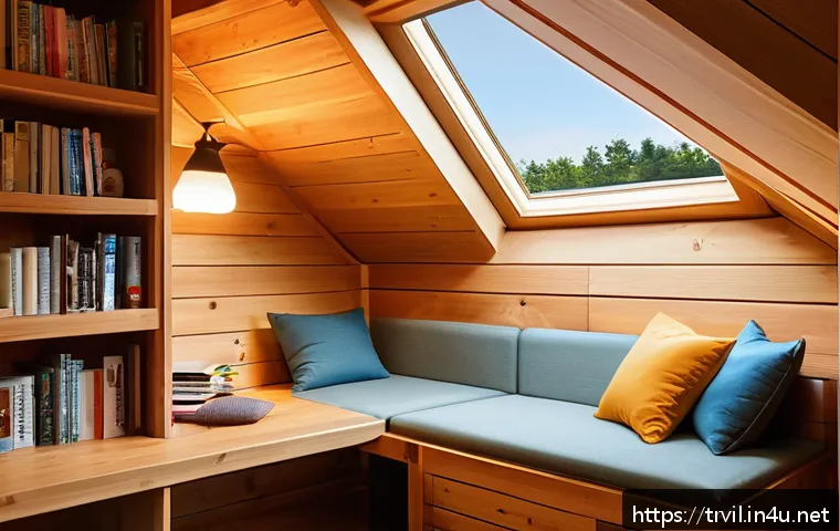 전통주택에서의 창의적 공간 활용 - Cozy attic room transformed into a creative retreat with slanted wooden ceiling, built-in low-profil...