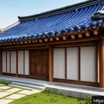 Home 18 전통주택의 상하수도 설계 - A detailed cross-sectional illustration of a traditional Korean wooden house featuring exposed timbe...