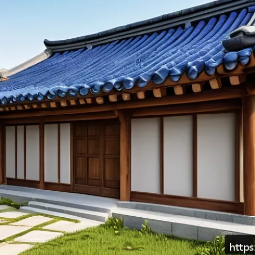 Home 30 전통주택의 상하수도 설계 - A detailed cross-sectional illustration of a traditional Korean wooden house featuring exposed timbe...