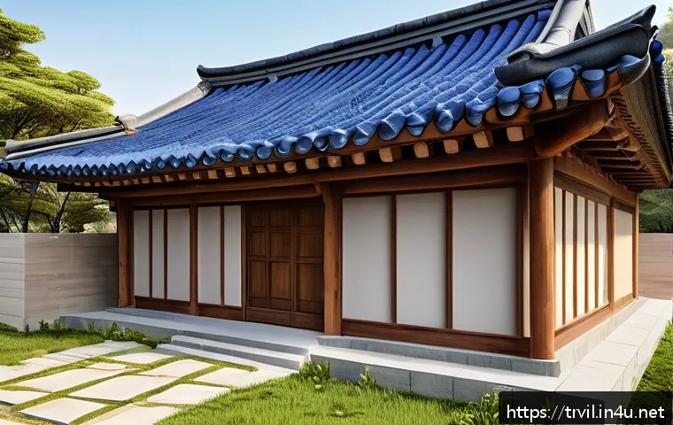 전통주택의 상하수도 설계 - A detailed cross-sectional illustration of a traditional Korean wooden house featuring exposed timbe...