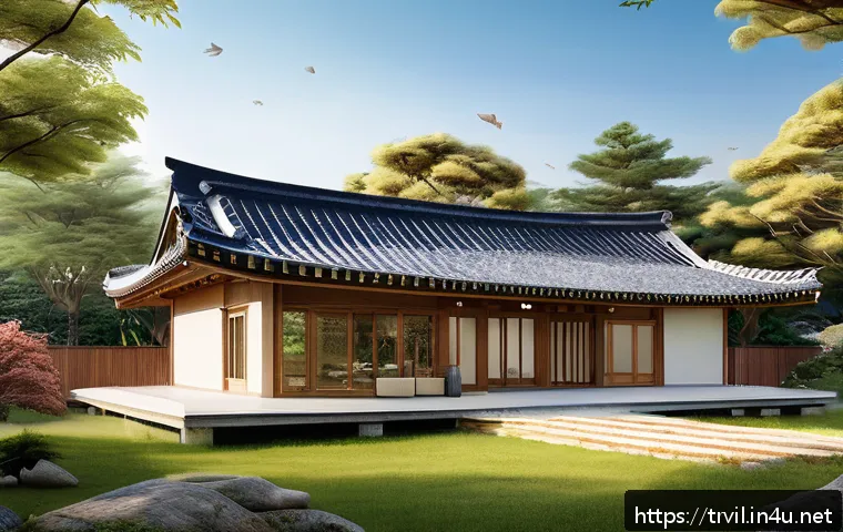 전통주택의 종합적인 설계 - A traditional Korean house blending natural materials like wood, stone, and clay with modern insulat...