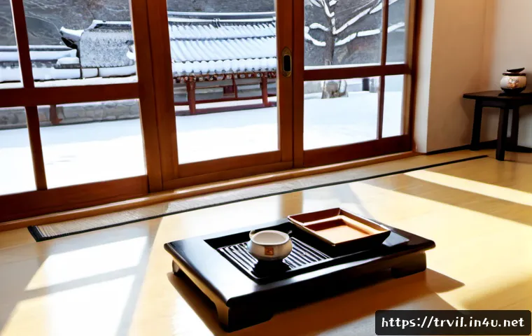 Home 17 한옥의 온돌 시스템 - Photorealistic traditional Korean hanok living room in winter, warm polished wooden floor heated by ...