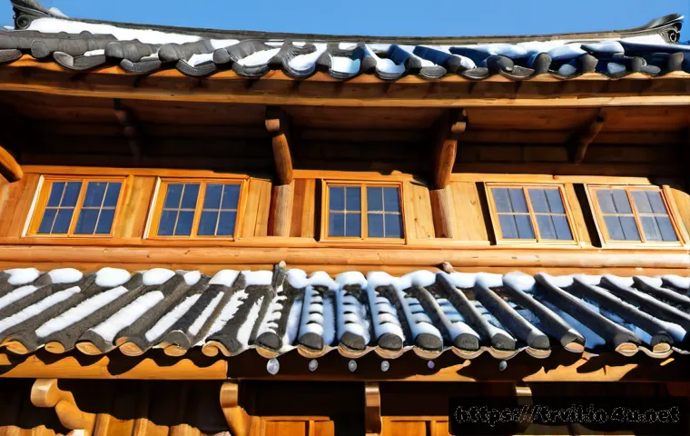 Home 17 전통주택의 단열 - Photorealistic traditional timber house in winter, cutaway view revealing thick natural fiber insula...