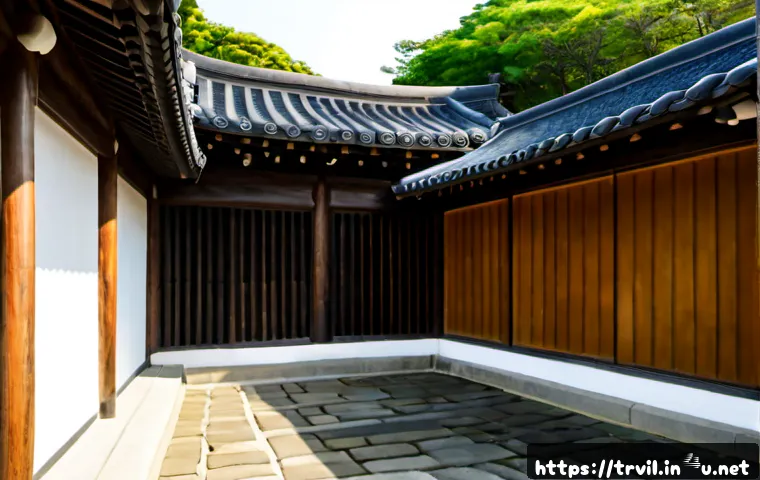 Home 17 전통주택의 색상과 디자인 - Photorealistic exterior of a traditional Korean hanok house, warm honey-colored timber beams, dark c...