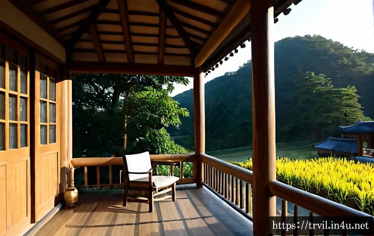 Home 17 전통주택의 발코니와 테라스 - Photorealistic traditional wooden house with a covered balcony overlooking a quiet garden, warm timb...