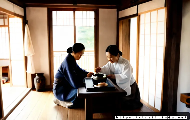 Home 17 전통주택에서의 생활 - Photorealistic morning life inside a traditional Korean hanok, an older couple in modest everyday cl...