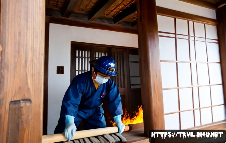 Home 17 전통주택의 방염 처리 - Photorealistic restoration specialist in protective work clothing carefully applying clear fire-reta...